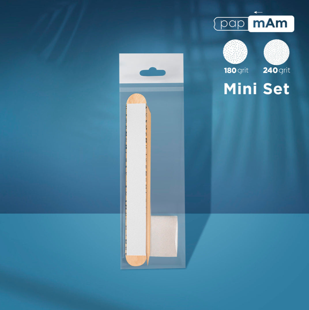 Mini nail file set with wooden file in clear packaging, 180 and 240 grit for manicure