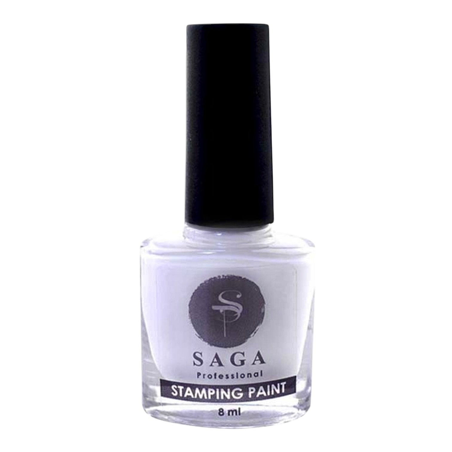 White SAGA Professional stamping paint bottle for nail art, 8ml, with black cap