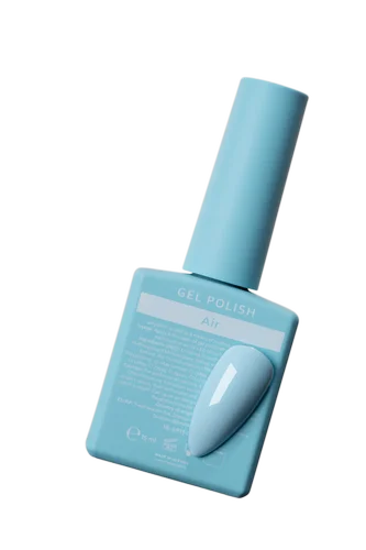 Light blue gel nail polish bottle with matching swatch, isolated on white background