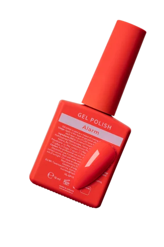Red gel nail polish bottle labeled 'Alarm' with matching color display swatch