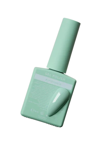 Light green gel nail polish bottle with matching painted nail sample on white background
