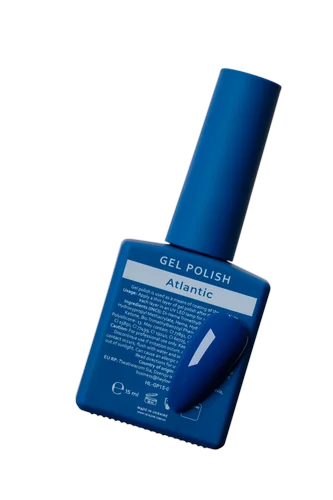 Blue gel nail polish bottle labeled Atlantic shown with matching nail color swatch