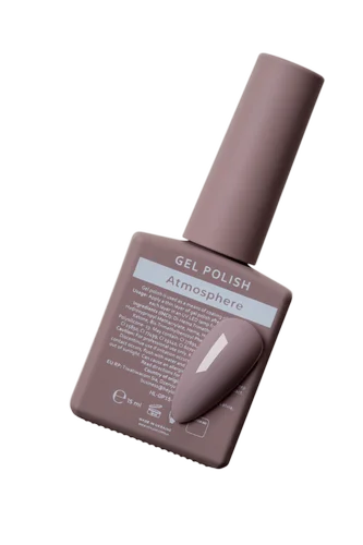 Atmosphere gel nail polish bottle in taupe color with sample swatch, manicure product