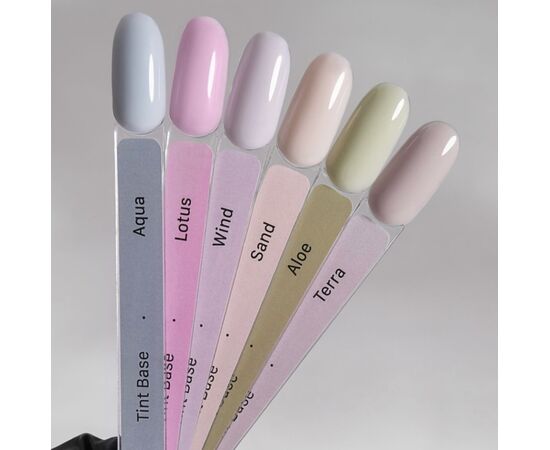 Pastel gel nail polish color samples labeled Aqua, Lotus, Wind, Sand, Aloe, and Terra.