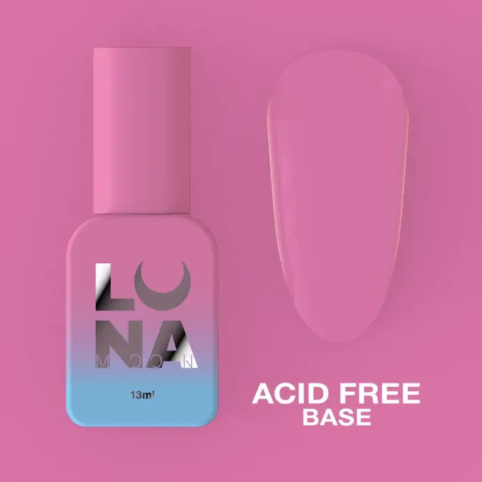 Pink acid-free base nail polish bottle with matching nail swatch on pink background