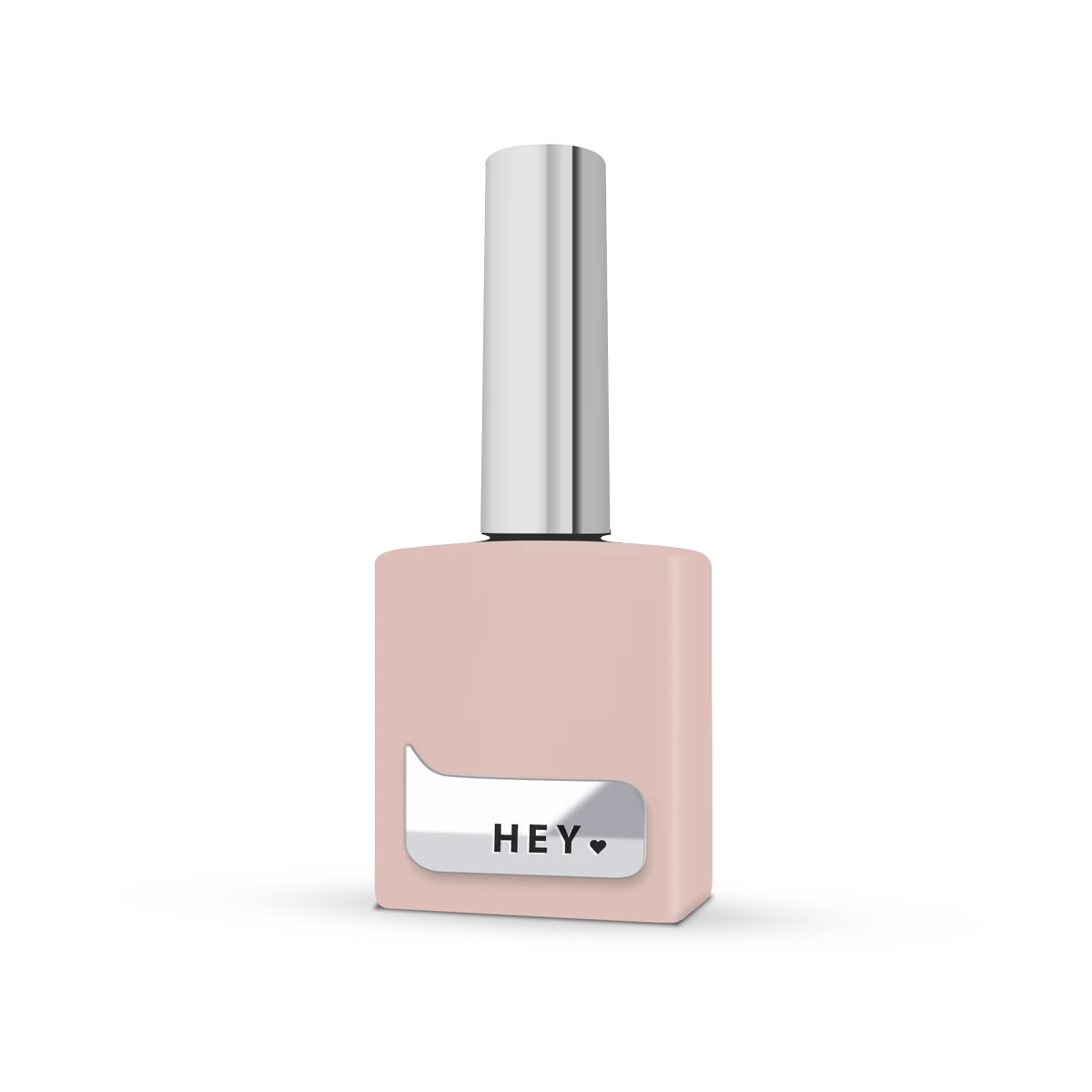 Light pink nail polish bottle with silver cap and 'HEY' label, manicure accessory