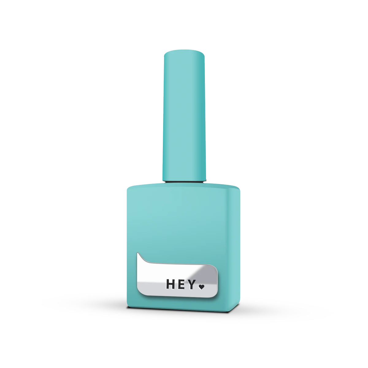 Turquoise gel nail polish bottle with silver label and 'HEY' text for manicure