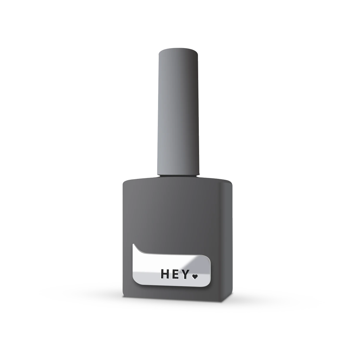 Gray gel nail polish bottle with silver label and 'HEY' text, manicure product