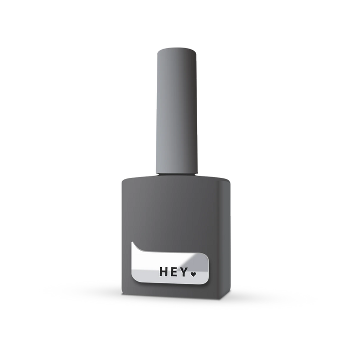 Gray gel nail polish bottle with silver label and &