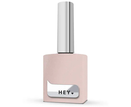 Light pink UV gel nail polish with metallic cap and 'HEY' label for manicure
