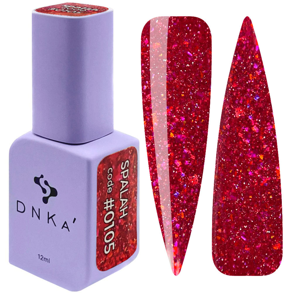 Red glitter UV gel nail polish bottle with two acrylic nail swatches