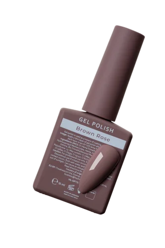 Brown Rose gel polish bottle with color sample, suitable for manicures and nail art