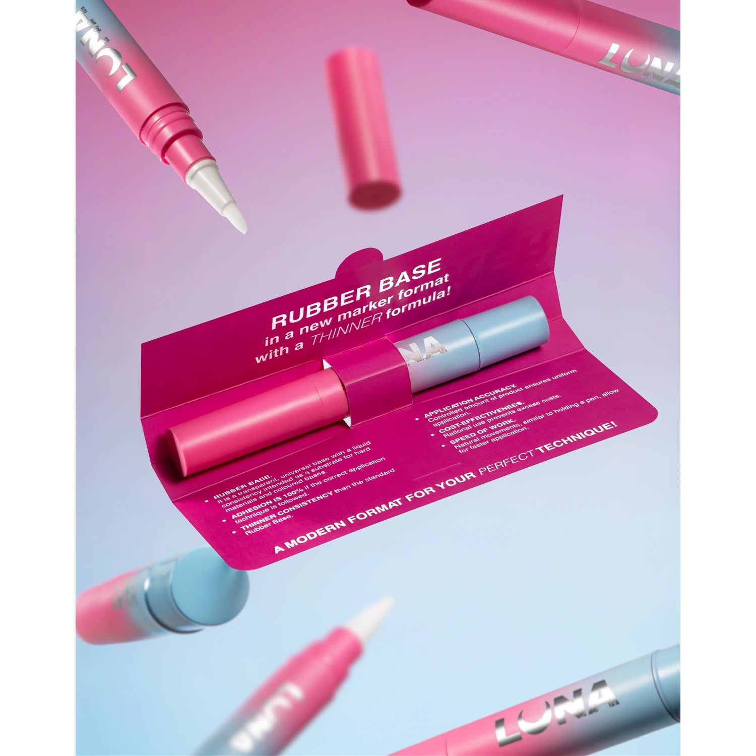 LUNA rubber base marker with packaging on a gradient background