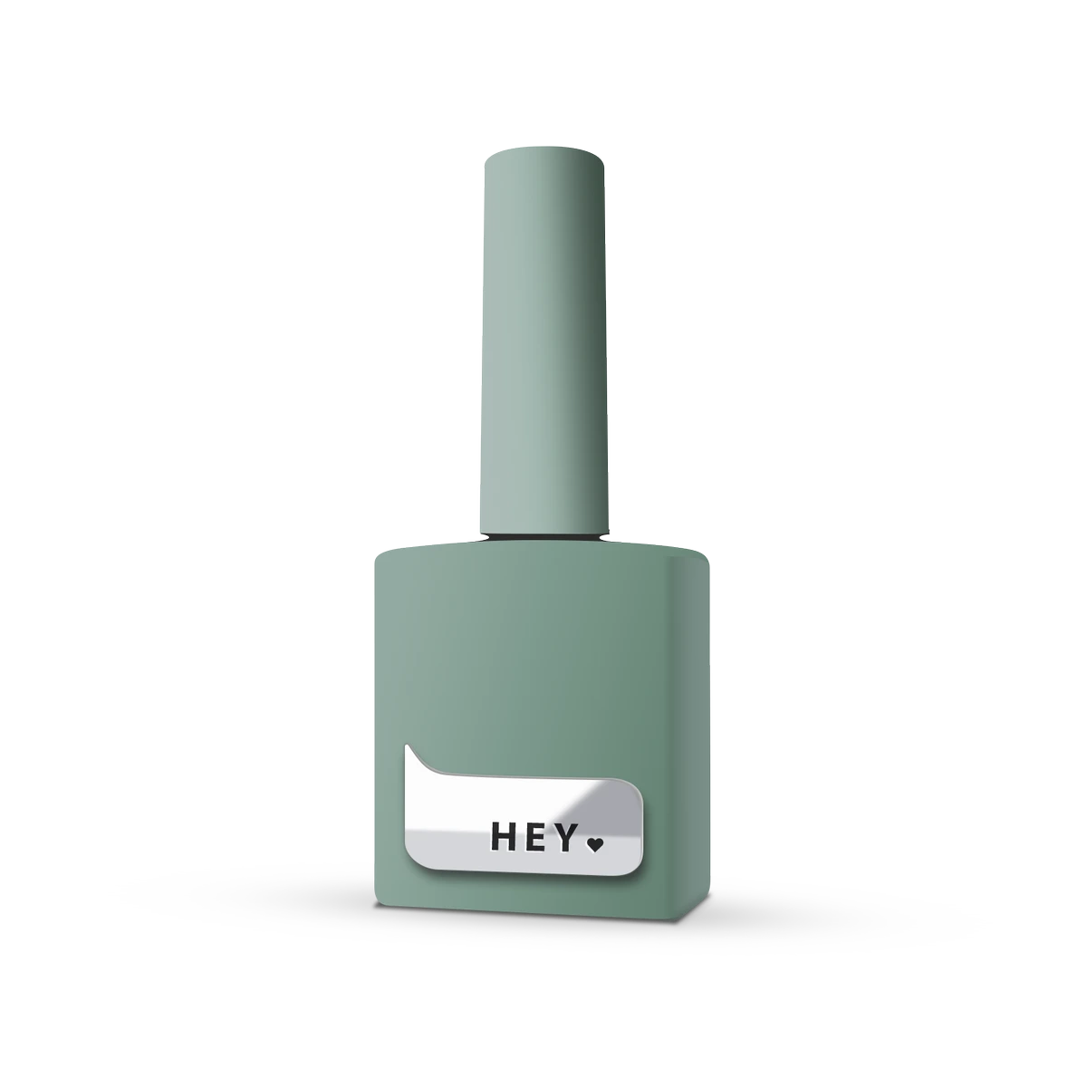 Matte green gel nail polish bottle with silver label and HEY text, manicure accessory