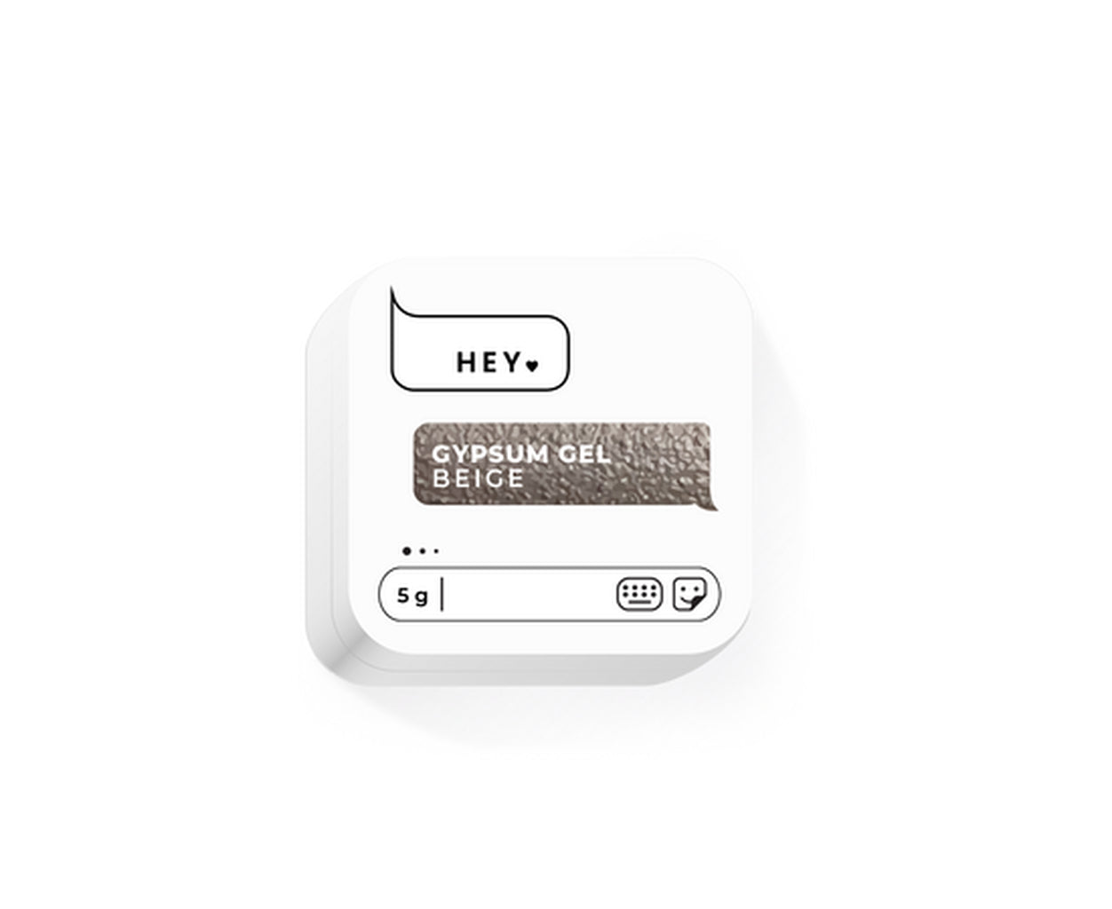 Beige gypsum gel nail product in white 5g container, textured polish sample visible.