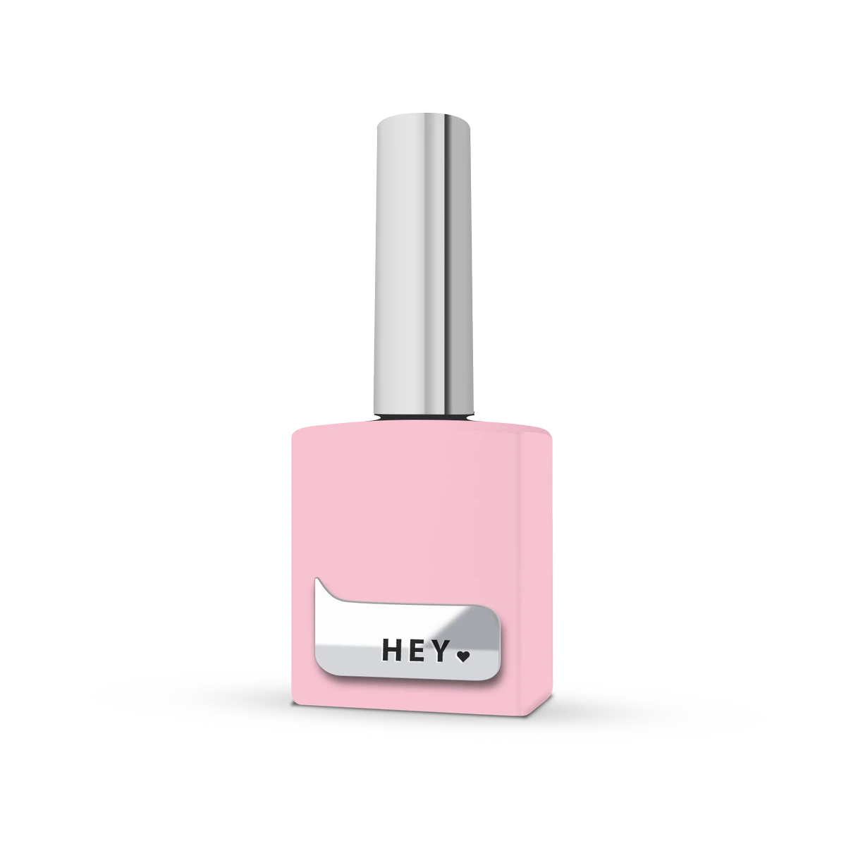 Pink nail polish bottle with silver cap and HEY label for manicure and pedicure