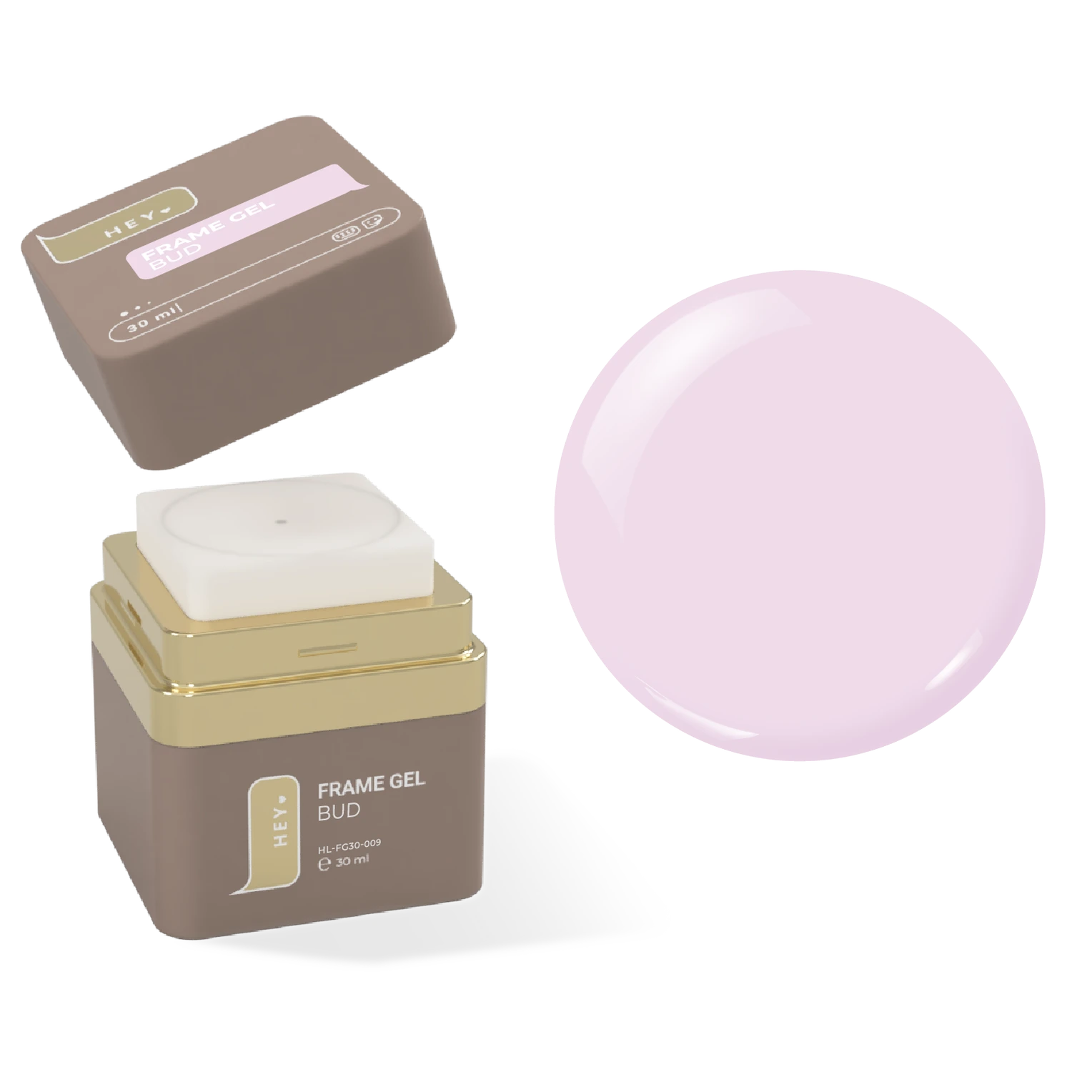 Soft pink frame gel for nails in square brown and gold jar, product texture visible