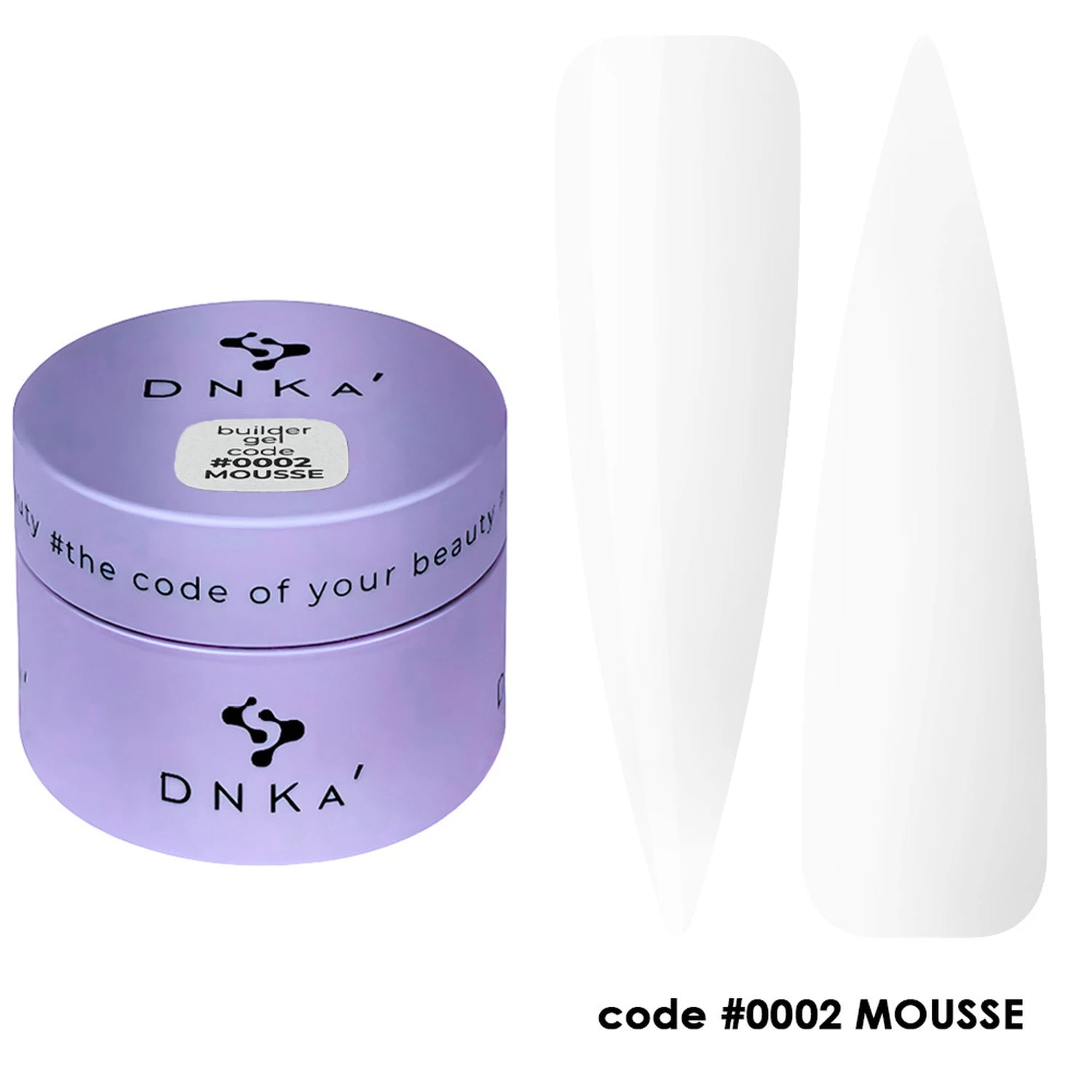 Builder gel code 0002 MOUSSE in lilac jar with white nail swatches, professional nail product