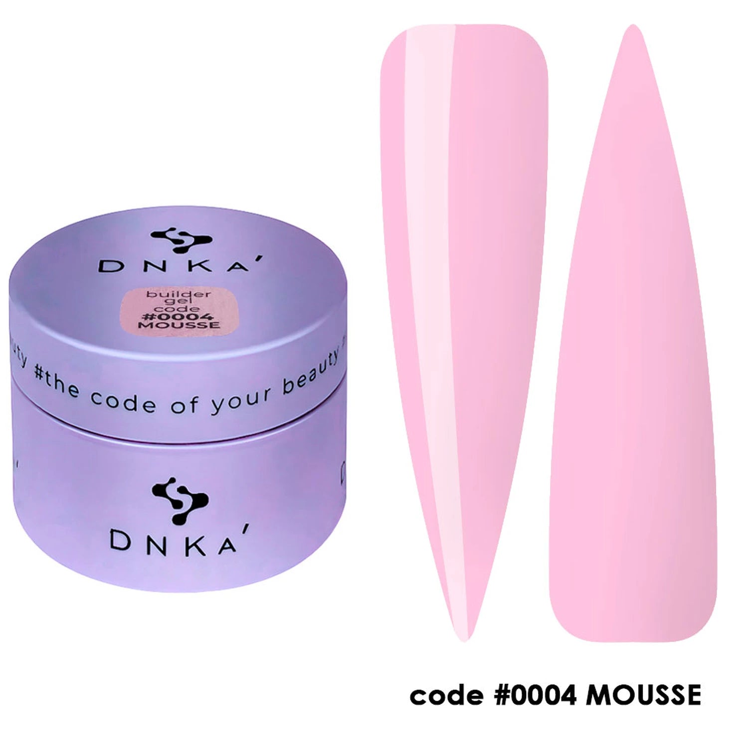 Pink builder gel for nails in a jar with two swatches, code 0004 Mousse.