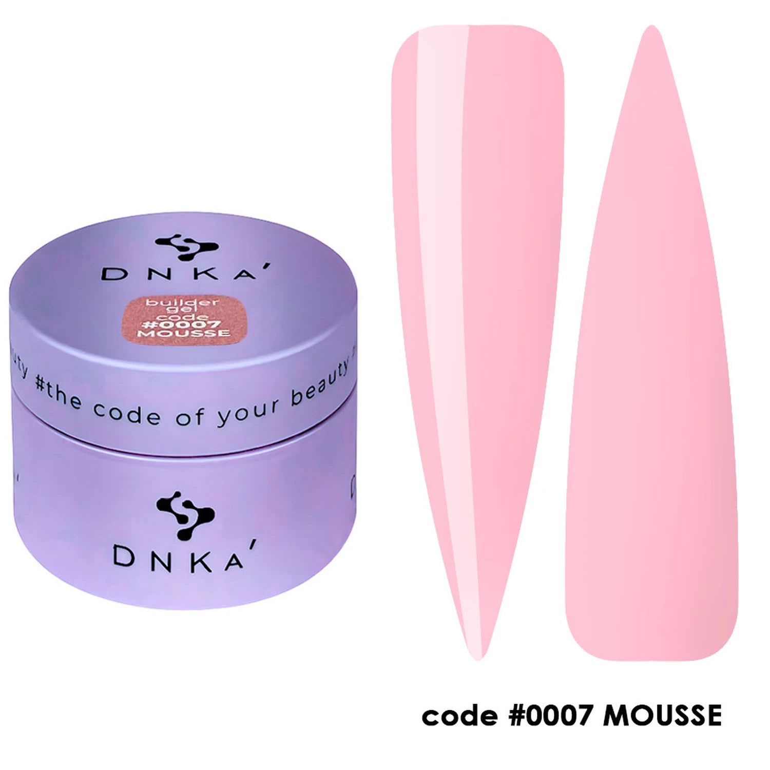 Light pink builder gel for nails in a purple jar, with swatches, code 0007 MOUSSE.