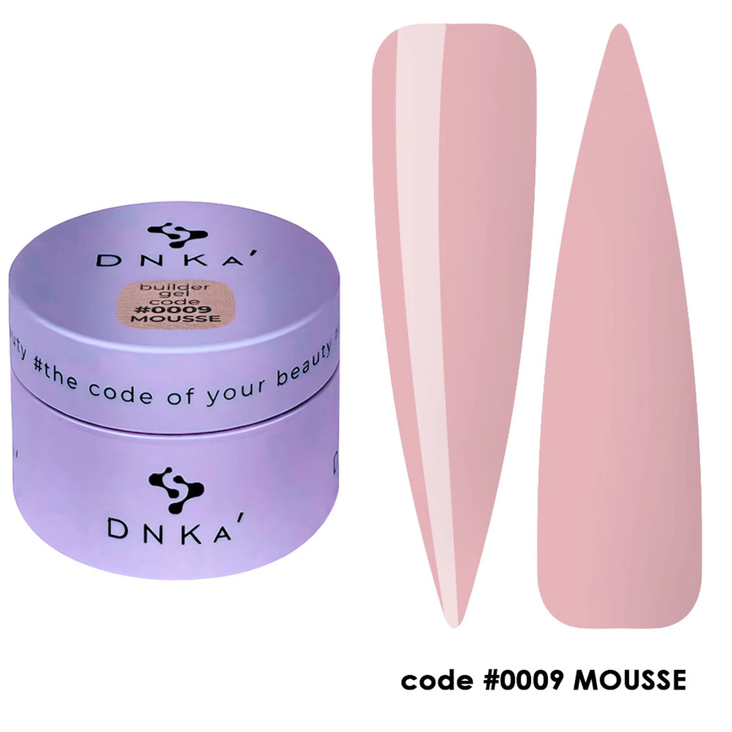 Light pink builder gel in a jar labeled code #0009 MOUSSE with nail color samples