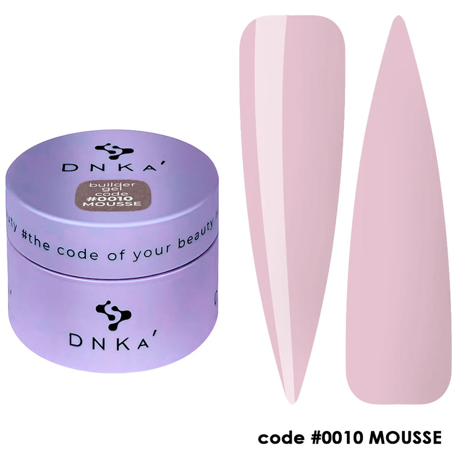 Light pink builder gel for nails in a purple jar, with two nail swatches, code 0010 Mousse
