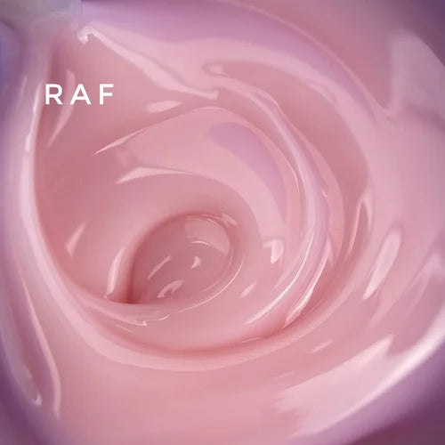 Close-up of a pink builder gel for nails with 'RAF' text overlay