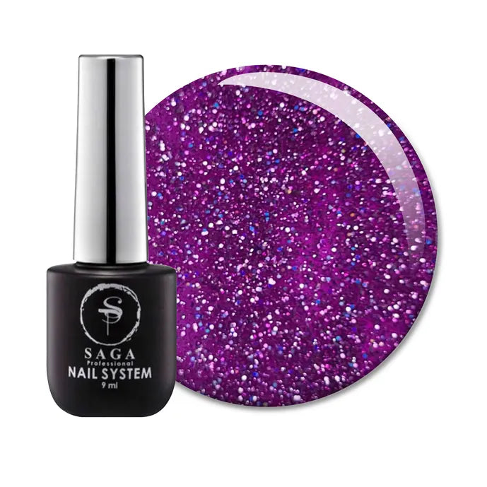 Saga Professional Nail System gel polish with purple glitter finish, 9ml bottle