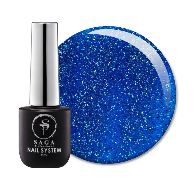 Blue glitter gel nail polish bottle with large swatch, manicure product