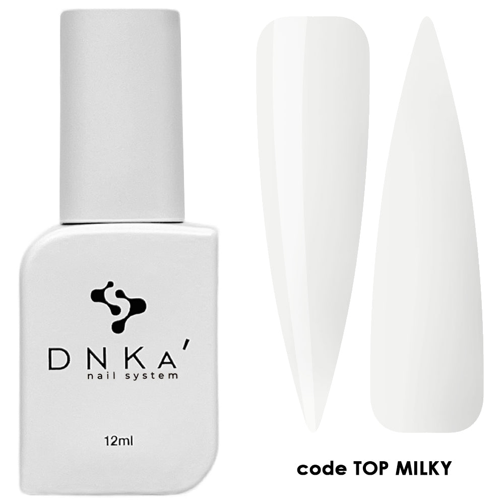 White DNKa' nail polish bottle with milky UV gel polish color swatches for manicure