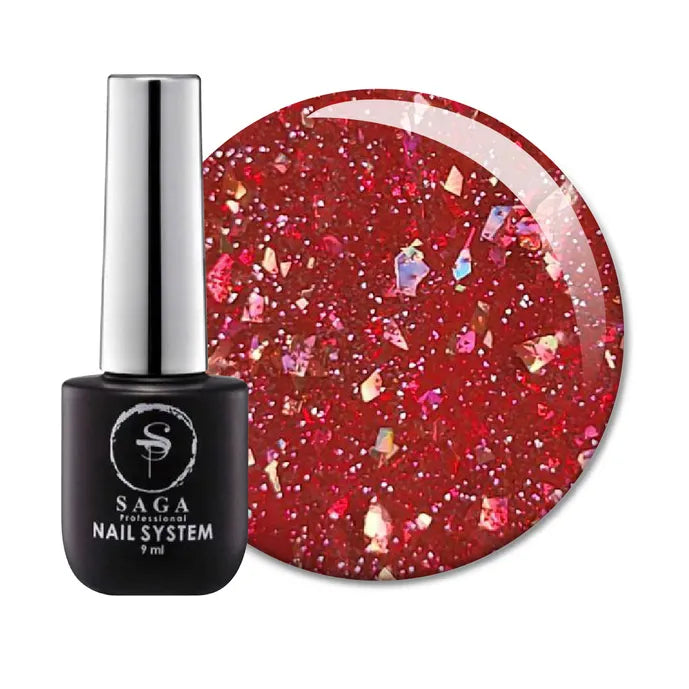 Red glitter gel nail polish bottle with metallic flecks sample