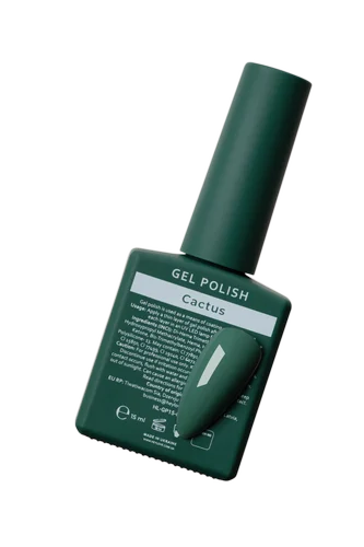 Dark green gel nail polish bottle labeled Cactus with matching swatch, manicure product