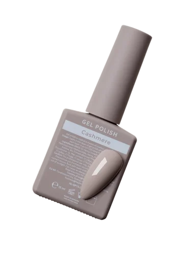Cashmere gel polish bottle with beige nail color sample, professional manicure product