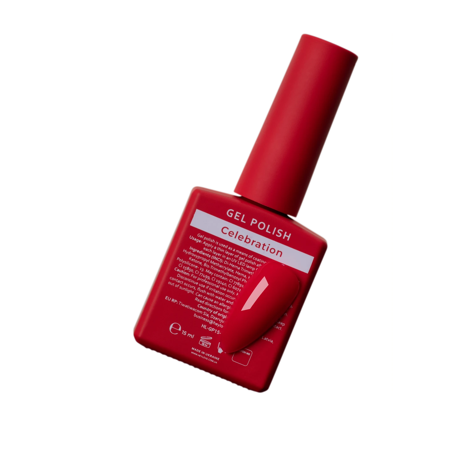 Red gel polish bottle labeled Celebration for manicure and pedicure, isolated on white