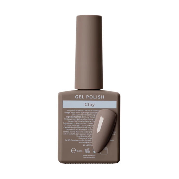 Clay-colored gel nail polish bottle with matching color swatch, professional manicure product