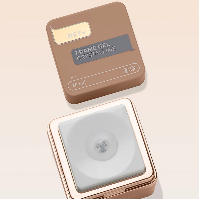 Square container of crystalline frame gel for nails, 30 ml, with gold accents on lid.