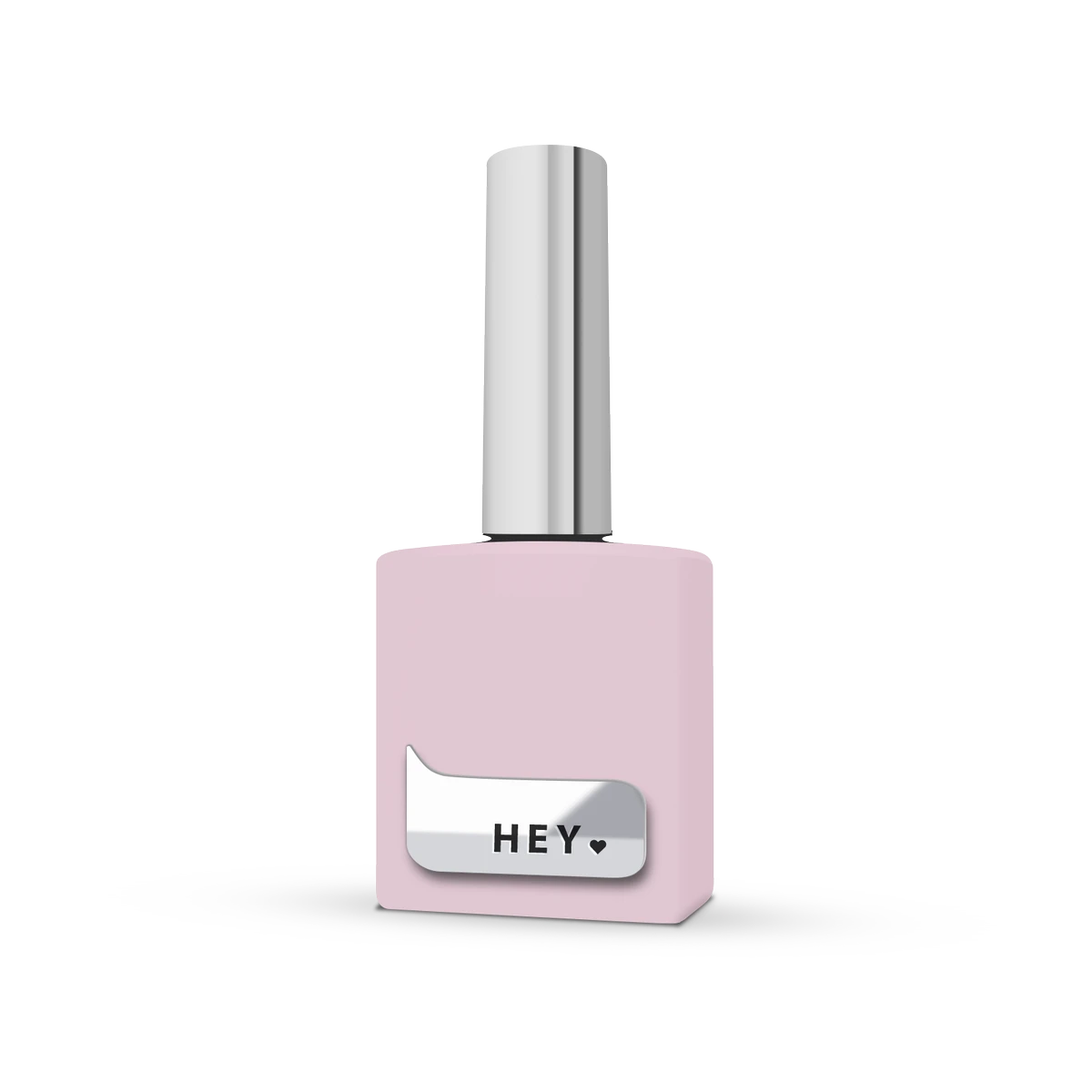 Light pink nail polish bottle with silver cap and 'HEY' label, manicure product