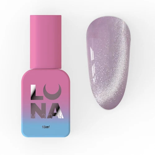 Cat eye gel polish bottle with purple magnetic shimmer nail sample