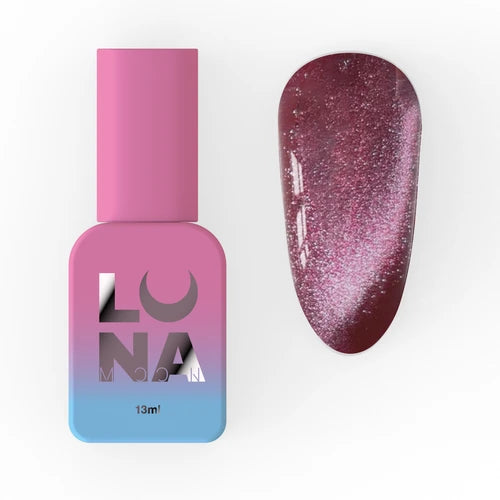 Pink and blue gradient nail polish bottle with shimmery cat eye burgundy nail swatch