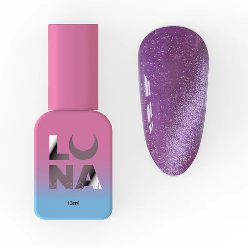 Purple cat eye gel nail polish bottle with a shimmering manicure sample