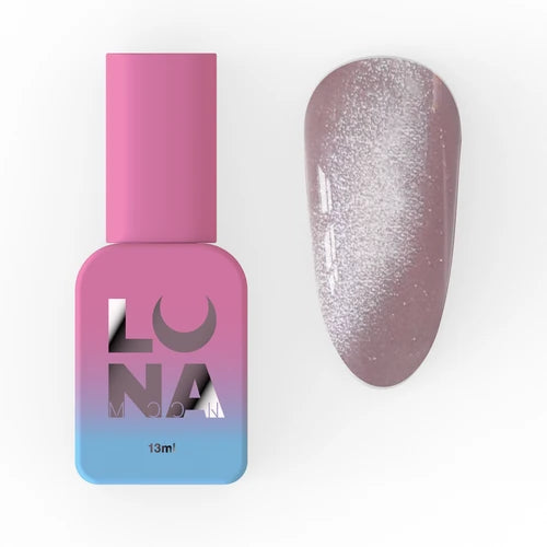 Pink and blue bottle of cat eye gel nail polish with shimmering mauve nail sample
