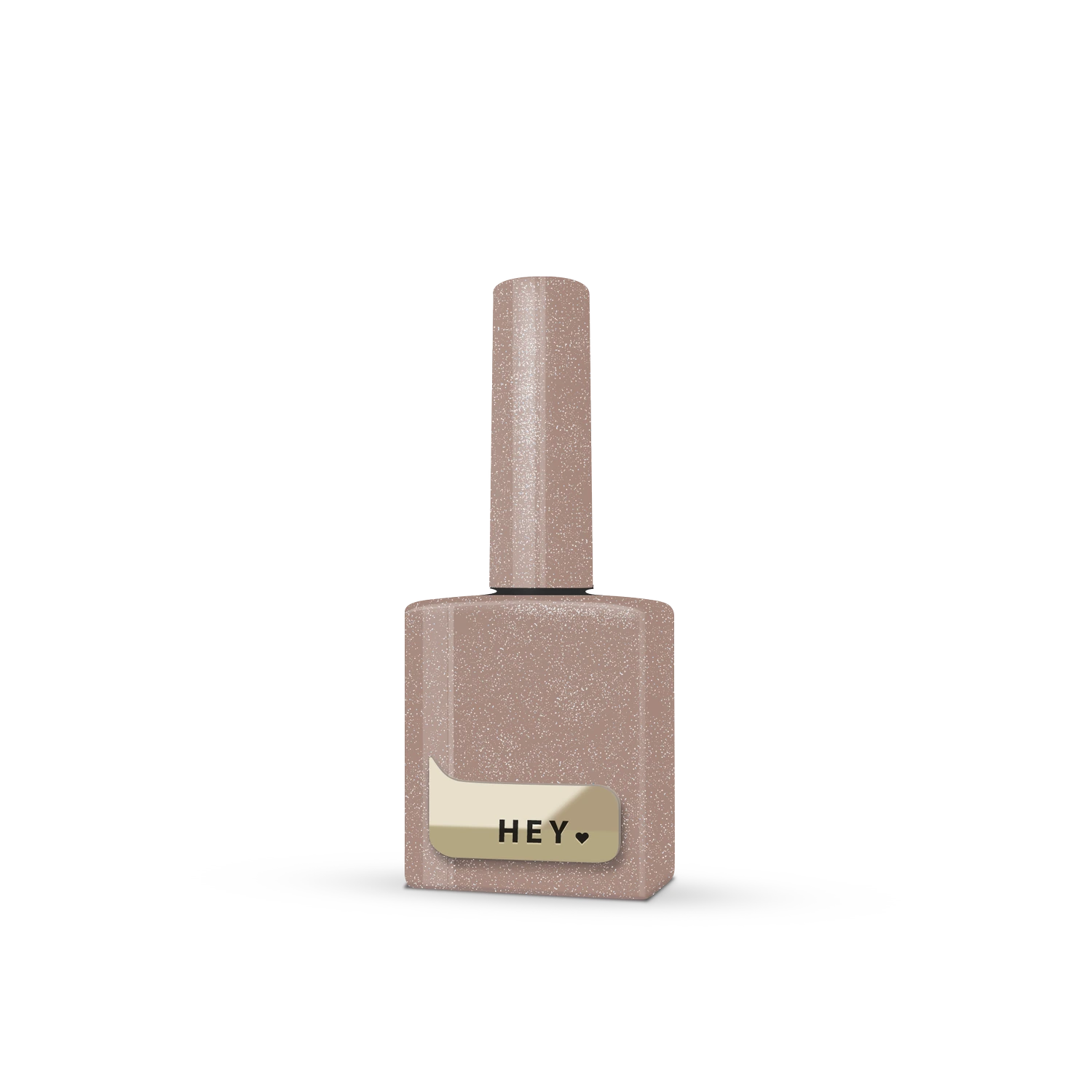 Shimmery nude gel nail polish bottle with 'HEY' label for manicure