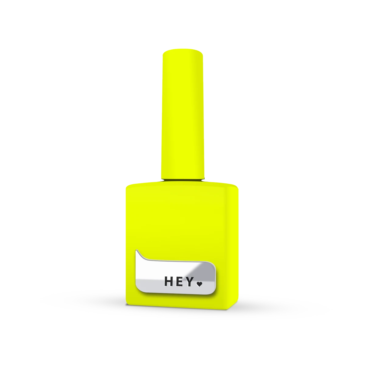 Bright yellow nail polish bottle with HEY label, professional manicure accessory