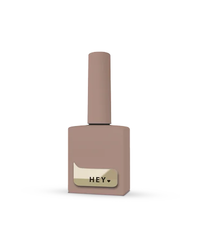 Brown nail polish bottle with 'HEY' label on a white background