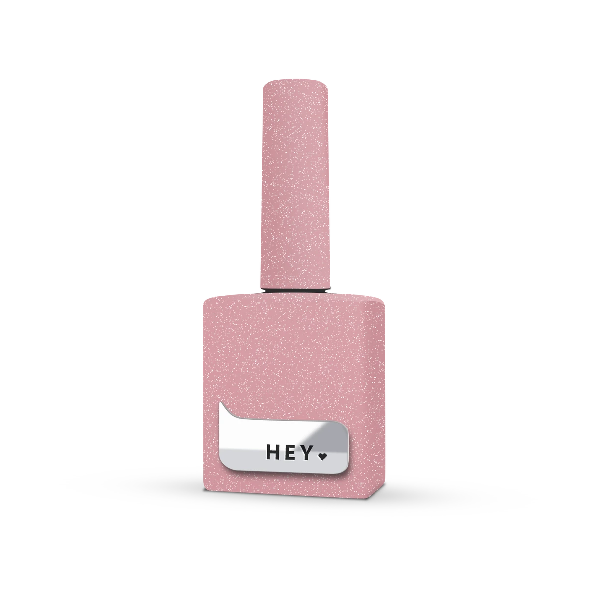 Pink glitter gel nail polish bottle with metallic HEY label, manicure product
