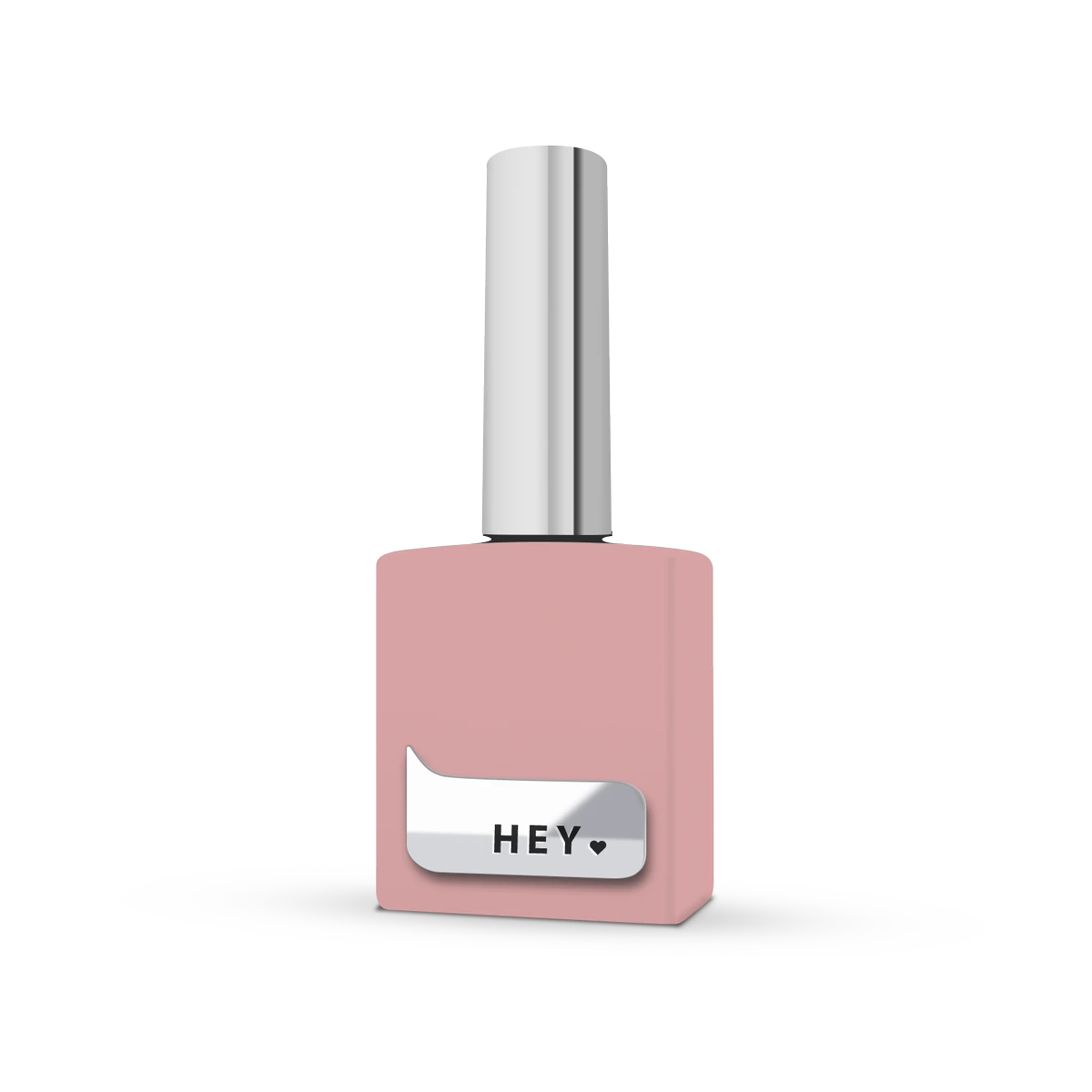 Pink nail polish bottle with metallic label and silver cap for manicure and pedicure