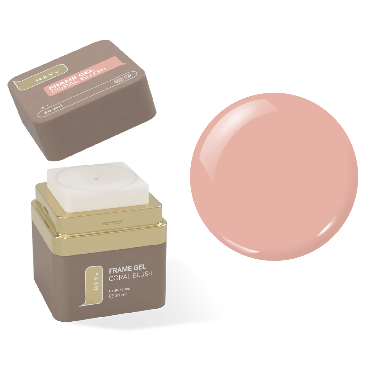 Coral blush nail frame gel jar with lid and gel swatch, professional manicure product