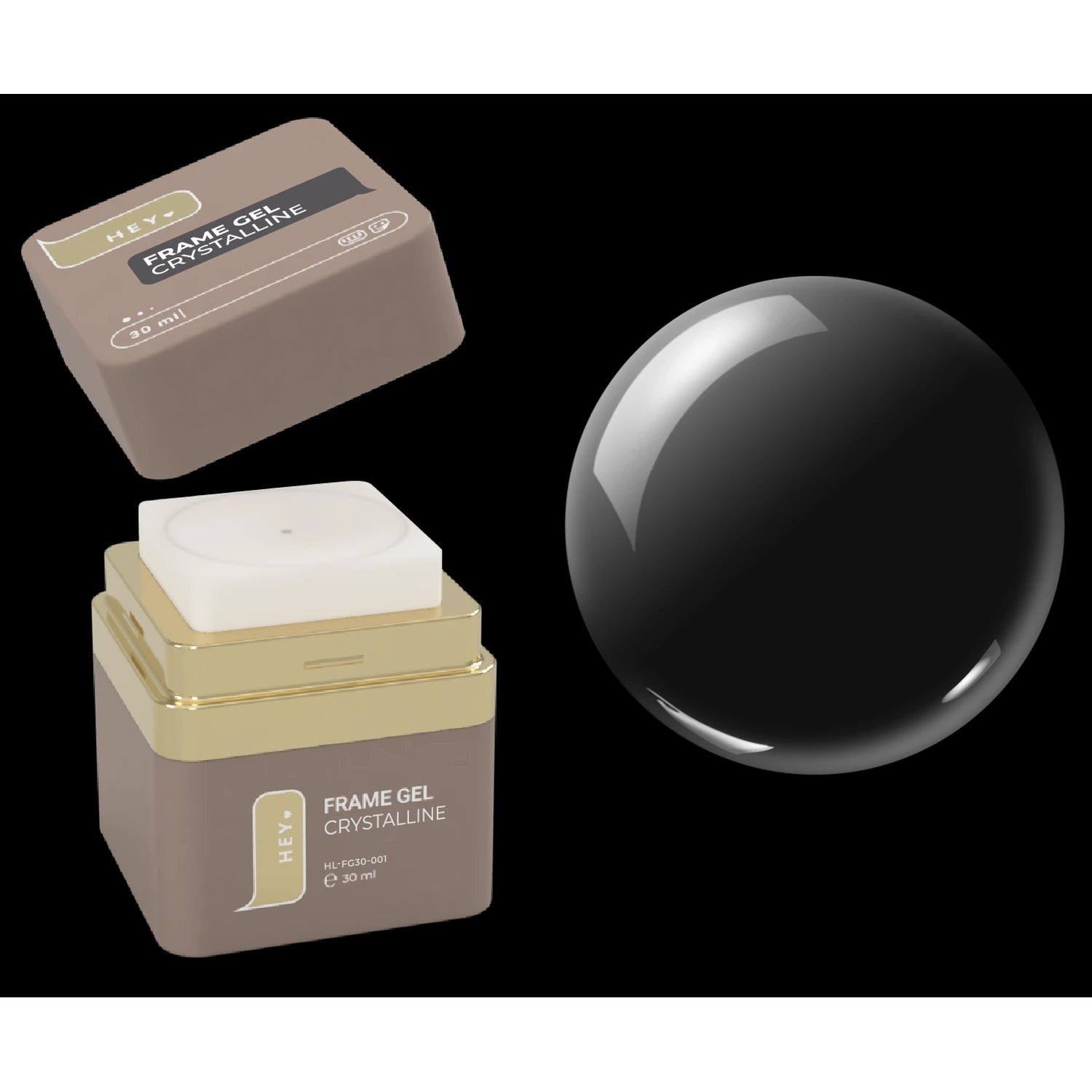 Crystalline frame gel for nails in a 30 ml container with clear gel texture on black background