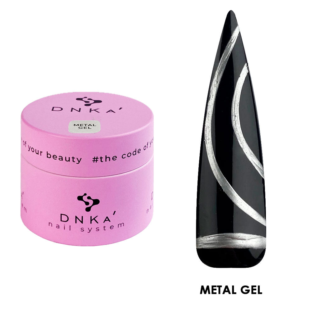 Pink DNKA nail system metal gel container with black stiletto nail art featuring metallic silver lines.