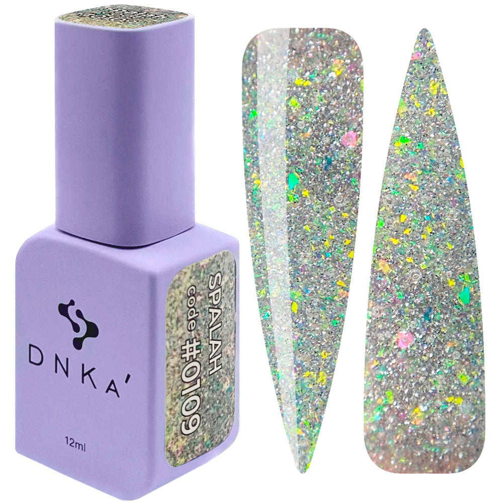 Holographic glitter gel nail polish bottle with two swatches showing multicolor sparkle